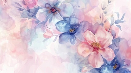 Watercolor painting of multicolored flowers on a pastel background.