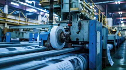 Industrial printing press machinery at work in a factory setting.