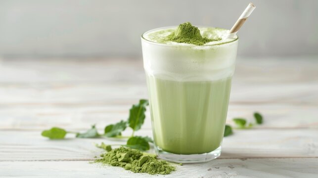 Matcha green tea latte in glass with eco-friendly straw.
