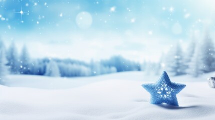 Blue Christmas star decoration with pine cones in snow.