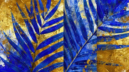 Vibrant blue and gold coconut tree leaves create an exotic beach backdrop, perfect for vacation concepts and illustrations.