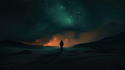 Experience the stark beauty of a dark desert with a silhouette of a man walking beneath an aurora-filled sky. Ultra-realistic landscape capturing the essence of nature lover concept.