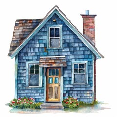 Naklejka premium Watercolor painting of a charming beachside cottage with weathered shingles and a colorful front door, Generative AI 