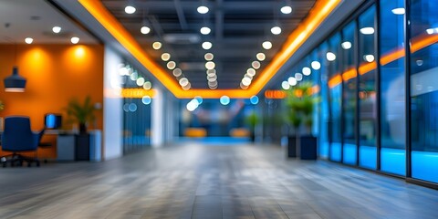 Blurred background of modern office interior with panoramic windows and beautiful lighting. Concept Office Interior, Blurred Background, Modern Design, Panoramic Windows, Beautiful Lighting