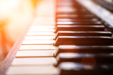 Piano keys background. Old vintage piano for classical music and jazz.