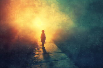 A child standing at the edge of the light, symbolizing the delicate threshold between safety and the unknown 
