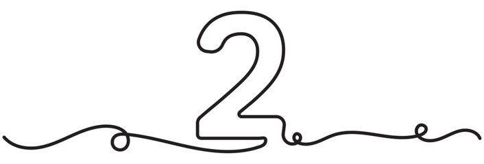 Number 2. One line continuous number two isolated on white background. Line art, outline,  Hand drawn vector illustration. EPS 10
