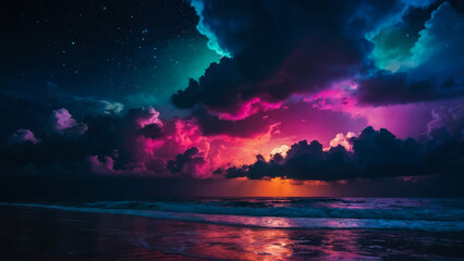 moon dark lilac night dramatic sky on sunset nebula pink sea water reflection sunlight evening summer seascape landscape
