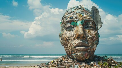 Discover the striking contrast of a human face statue amidst trash on the beach, depicting the concept of clean beaches and recycling. Ultra-realistic trash art making a statement.