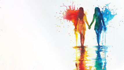 Fototapeta premium Rainbow watercolor of 2 women holding hands for pride equality celebration