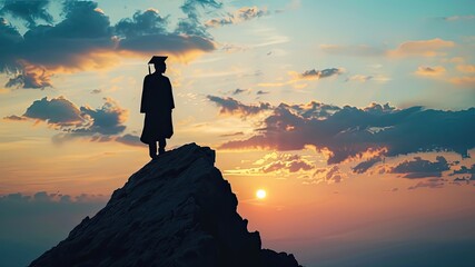 Silhouette of a graduate student atop a mountain, symbolizing educational success, career achievement, and professional accomplishments, with ample copy space.