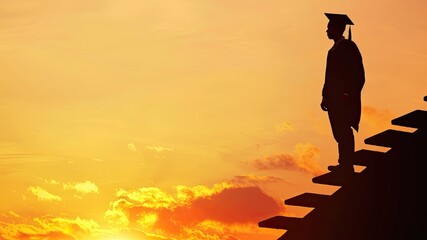 Silhouette of a graduate student atop a mountain, symbolizing educational success, career achievement, and professional accomplishments, with ample copy space.