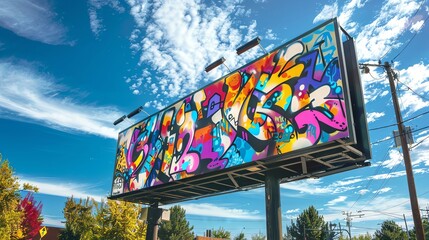 Artistic and colorful roadside billboard featuring a graffiti-style design, located in a trendy neighborhood Bright colors and abstract patterns, perfect for promoting music festiv