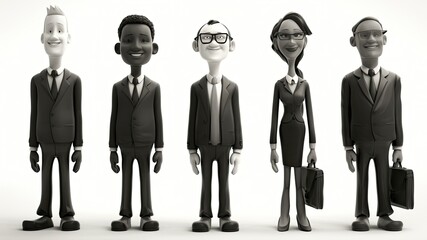 Capture the unity and diversity of a smiling group of multinational businessmen and businesswomen. Realistic, dramatic black and white background with copy space. Animation, Claymation.