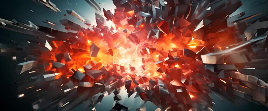 Dynamic 3D geometric shards breaking apart in a digital explosion