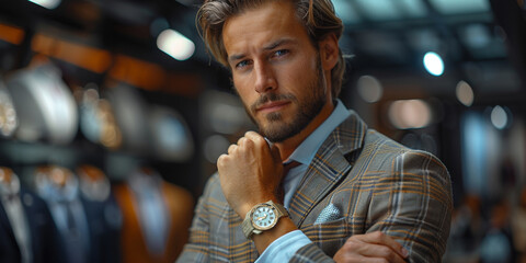 A handsome businessman in a fitted suit, exuding confidence, stands in a professional setting.