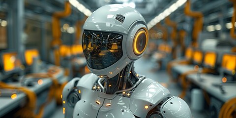 In a factory, a humanoid robot blends automation and futuristic technology.