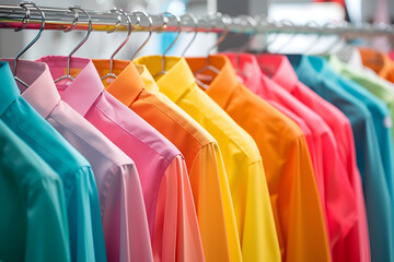 Bright colored shirts on wire hangers, hanging on a rack, bright and airy