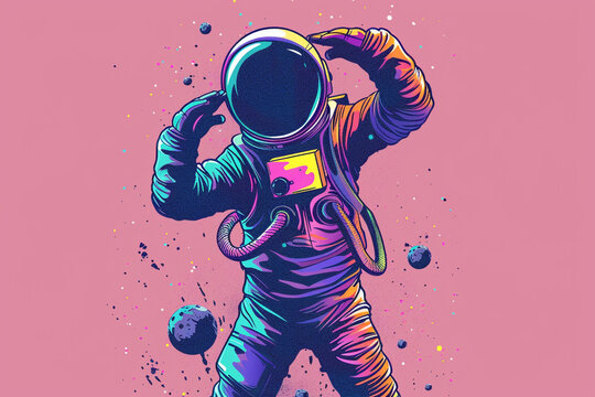 a colorful 2D vector illustration of an astronaut standing and performing a dabbing pose 