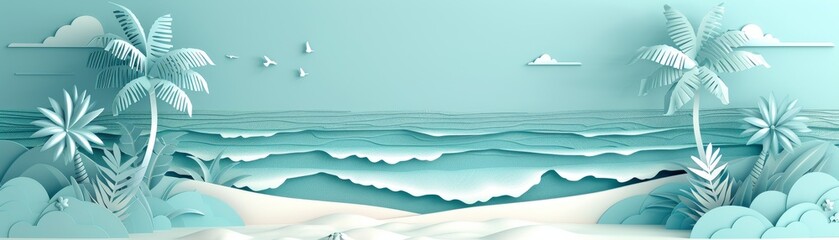 Panoramic lush tropical coastline with various palm trees and birds in papercut style