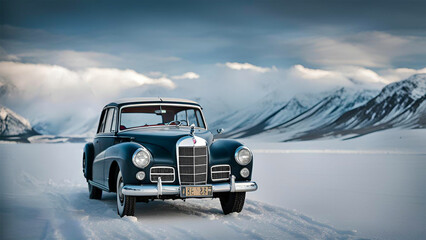 An old car in the snowy mountains