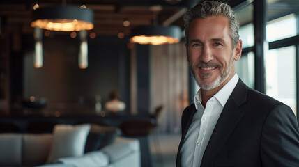 Confident entrepreneur with visionary spirit and knack for innovation, salt-and-pepper hair styled with precision, stands in sleek, modern studio filled with cutting-edge technology.
