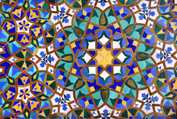 Vertical or horizontal background with detail of ancient mosaic walls with floral and geometric ornaments. Traditional moroccan tile decorations