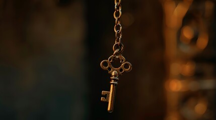 An old, gold-colored brass key hanging from a delicate chain, representing mystery and unlocking secrets, sharp focus, high detail, crisp edges, 8k resolution.