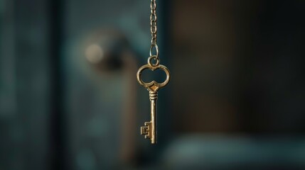 An old, gold-colored brass key hanging from a delicate chain, representing mystery and unlocking secrets, sharp focus, high detail, crisp edges, 8k resolution.