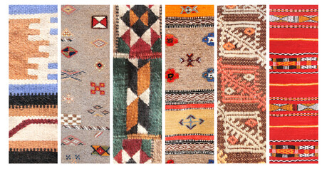Set of vertical or horizontal banners with textures of berber traditional wool carpet with geometric pattern, Morocco, Africa