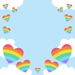 Rainbow heart with cloud frame on blue background