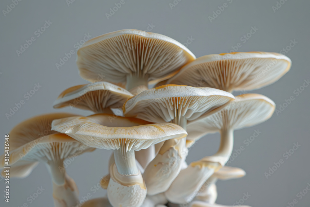 Wall mural a group of mushrooms are growing against a gray background