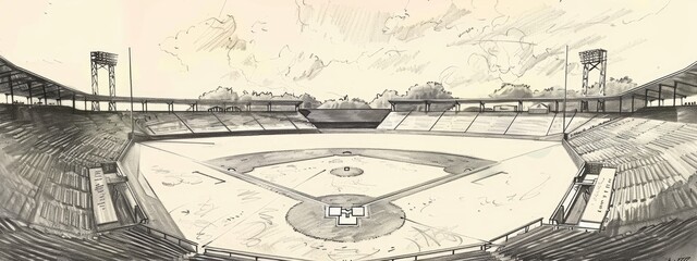 The landscape of a baseball stadium painted in sketch. Retro or vintage illustration