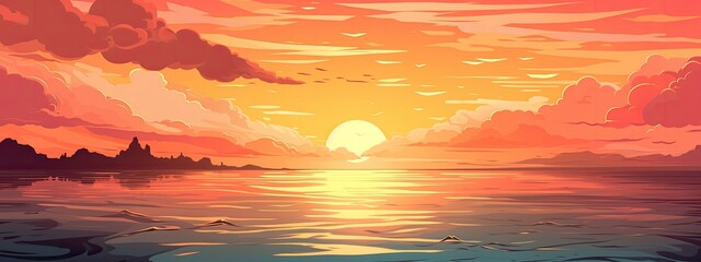 Beautiful sunset or sunrise on the sea in anime style.