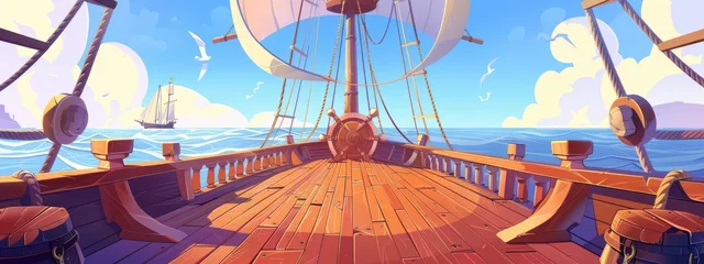 Cartoon illustration of deck of a pirate ship. Onboard view.