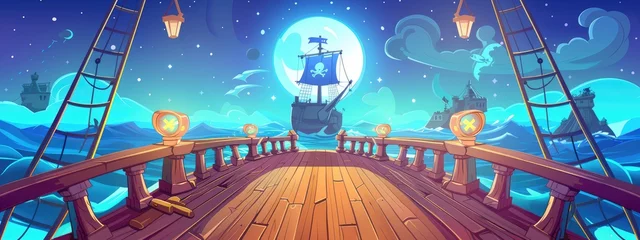 Cartoon illustration of deck of a pirate ship. Onboard view.