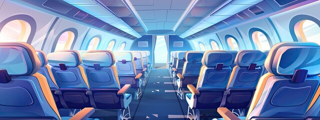 Cartoon interior inside the cabin of an empty airplane with passenger seats.