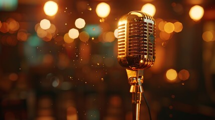 A gold-plated vintage microphone on a stage, representing the golden age of entertainment, sharp focus, high detail, crisp edges, 8k resolution.