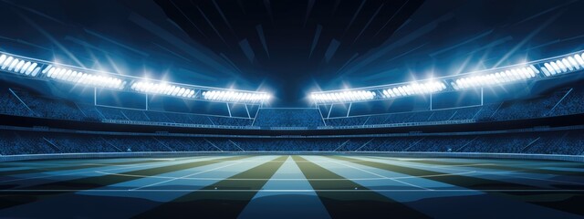 Football arena field with bright stadium lights. Cartoon illustration.