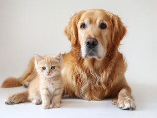 Obraz premium A golden retriever and a kitten are sitting together.
