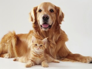 A golden retriever and a kitten are laying down.