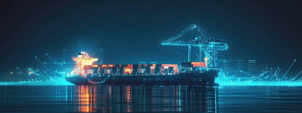 Hologram of side view of digital cargo port with ship on the dark blue background