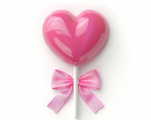 A heart-shaped lollipop sticker with a pink bow, isolated on a white background. Sharp focus, high detail, crisp edges, 8k resolution.