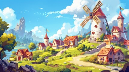 Medieval landscape of a small village with a mill and houses. Cartoon illustration.