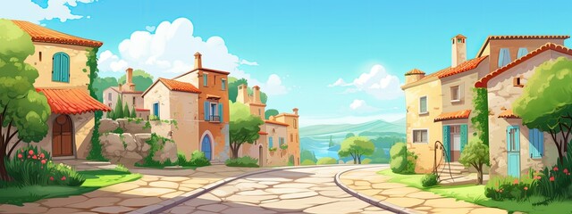 Panorama of a Italy village street with traditional houses. The Mediterranean coast. Cartoon illustration.