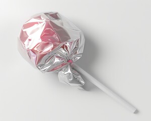 A lollipop sticker with a shiny, silver wrapper, isolated on a white background. Sharp focus, high detail, crisp edges, 8k resolution.