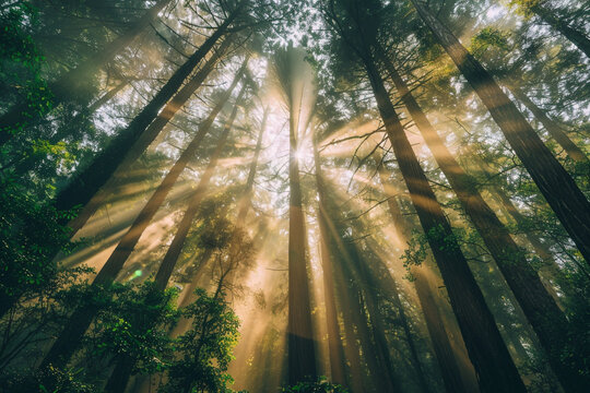 A dense forest of tall trees, with a natural canopy overhead, dappled light, and god rays shining through the tree tops, creating a peaceful and tranquil natural wonder 