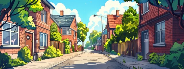 A cozy street in a suburban area with low brick houses and green trees