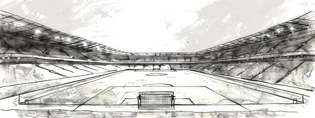 The landscape of a soccer stadium painted in sketch. Retro or vintage illustration