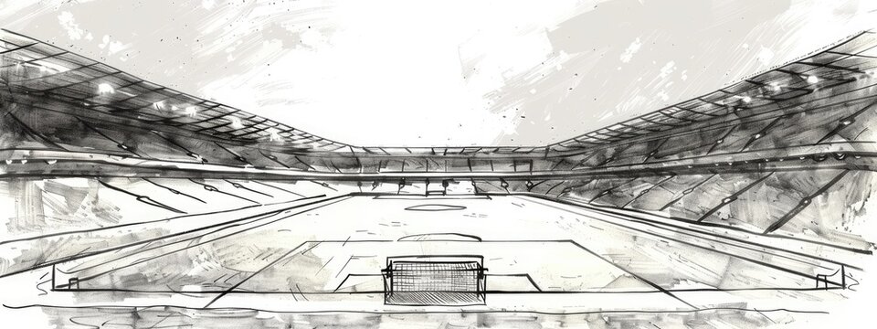 The landscape of a soccer stadium painted in sketch. Retro or vintage illustration